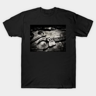 Industrial interior, old wrench and gloves, black and white T-Shirt